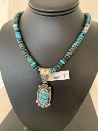 Men's Navajo Spiderweb Kingman Turquoise Pendant Necklace | Sterling Silver | Native American Handmade | 01975