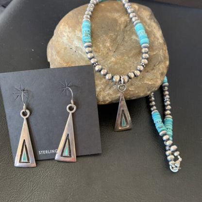 Navajo Blue Turquoise Pendant Earrings Set | Authentic Native American Sterling Silver Necklace | Handmade | 12618 - Masha USA