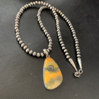 Navajo Yellow Bumblebee Jasper Pendant | Sterling Silver Necklace | Authentic Native American Handmade | 12811
