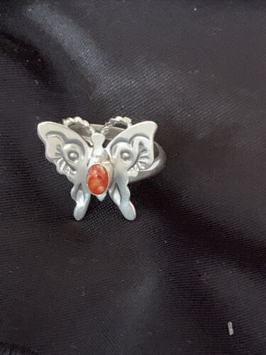 Navajo Red Spiny Oyster Butterfly Ring | Sterling Silver | Adj Sz 7 | Authentic Native American Handmade | 10678