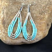 Native American Liquid Silver Heishi Dangle Earrings | Blue Turquoise | Sterling Silver | 2" | 1969