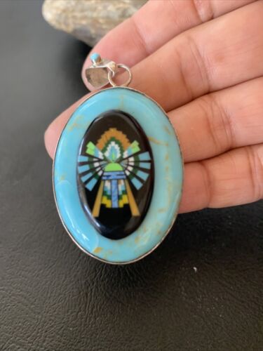 Zuni Multi-Stone Turquoise Pendant | Coral Onyx Inlay | Sterling Silver | Authentic Native American Handmade | 2029