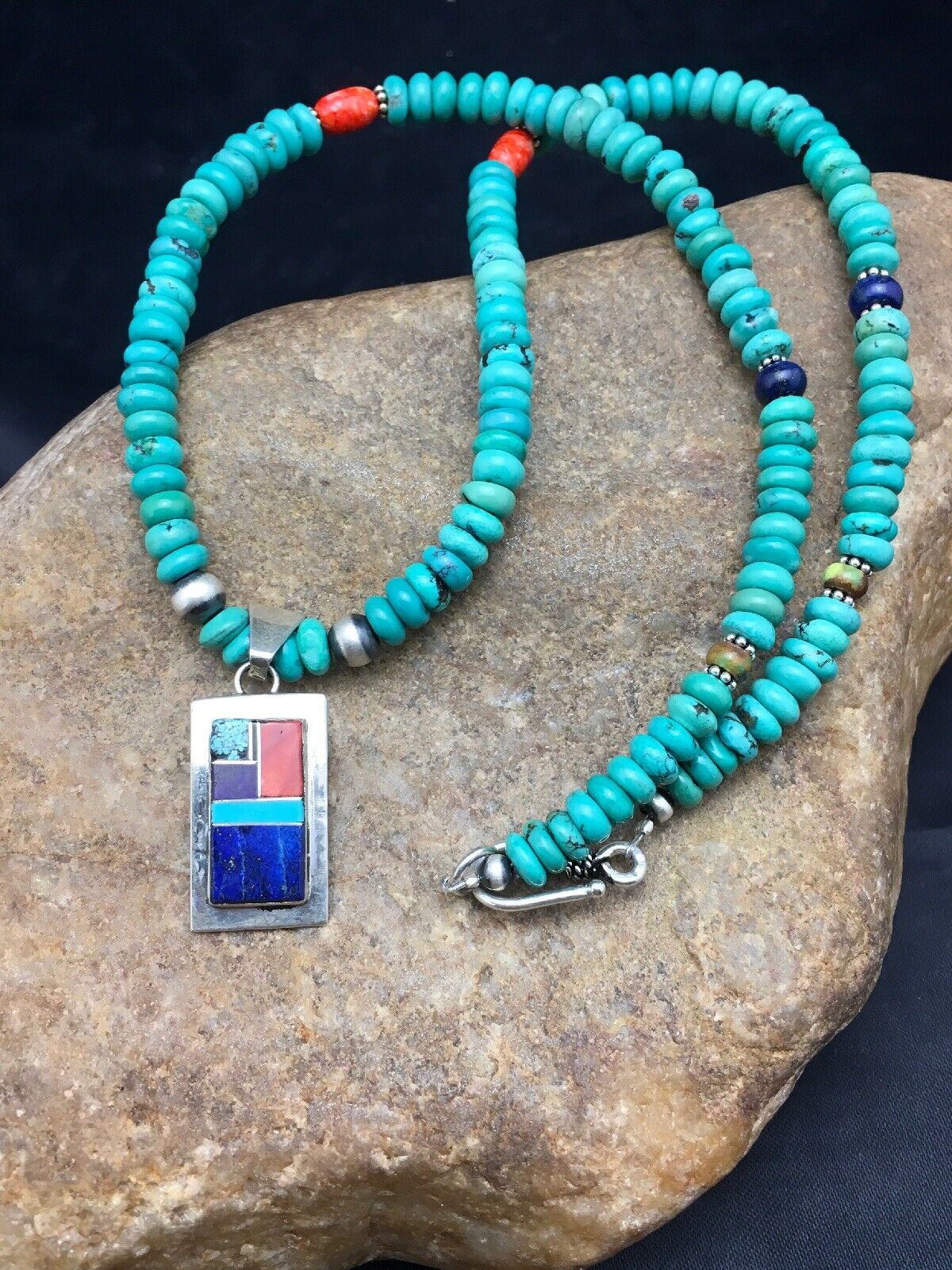 Navajo Turquoise & Lapis Inlay Pendant Necklace | Sterling Silver | 19" | Authentic Native American Handmade | 4077