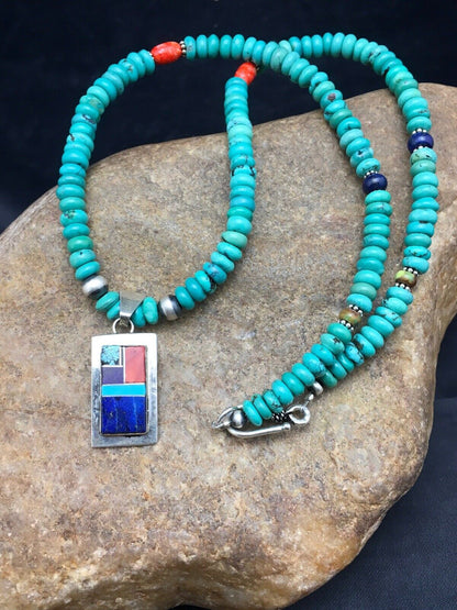 Navajo Turquoise & Lapis Inlay Pendant Necklace | Sterling Silver | 19" | Authentic Native American Handmade | 4077