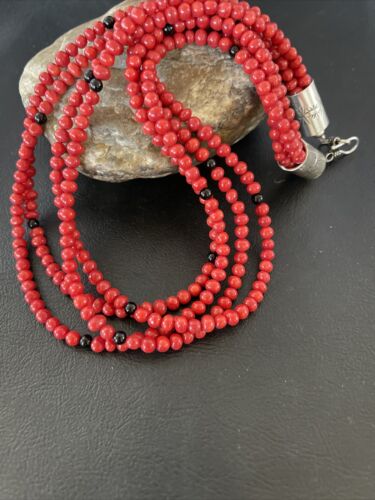 Native American Navajo Red Coral Onyx Necklace | Sterling Silver | 10302