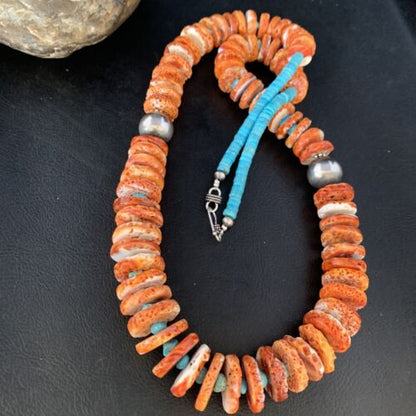 Orange Spiny Oyster & Blue Turquoise Graduated Necklace | Sterling Silver | Authentic Native American | 28" | 13713