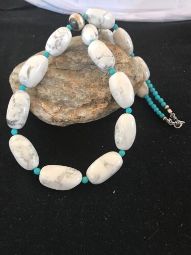 Navajo White Howlite Turquoise Beads Necklace | Sterling Silver | 22" | Authentic Native American Handmade | 10241