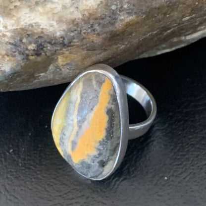 Navajo Bumble Bee Jasper Ring | Sterling Silver | Sz 8 Adjustable | Authentic Native American Handmade | 11544