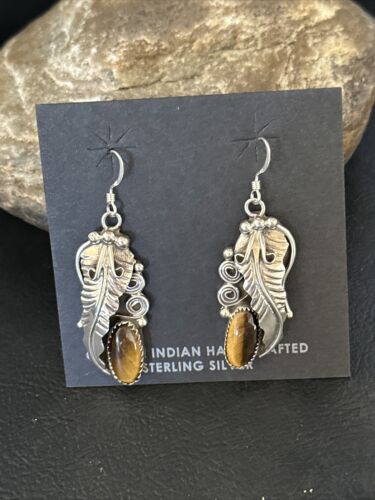 Navajo Coffee Tigers Eye Dangle Earrings | Sterling Silver | Authentic Native American Handmade | 14759 - Masha USA
