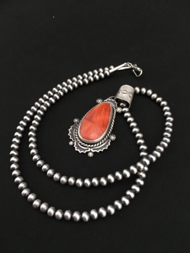 Navajo Orange Spiny Oyster Pendant | Sterling Silver Pearls | Authentic Native American Handmade | 1296