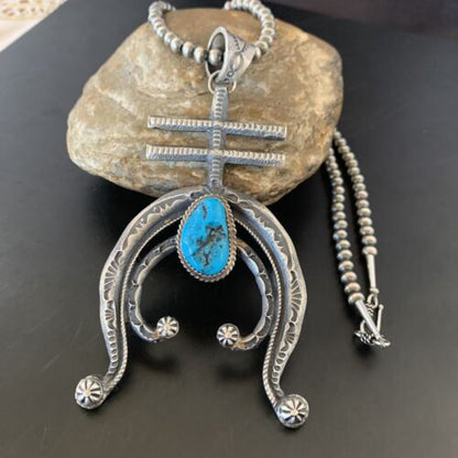 Navajo Kingman Turquoise Naja Pendant | Sterling Silver | Authentic Native American Handmade | 11518