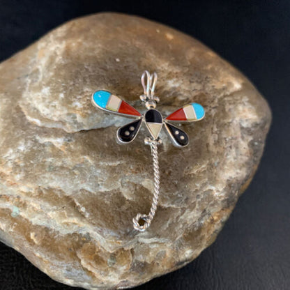 Zuni Turquoise Mother of Pearl Inlay Dragonfly Necklace Pin Pendant | Sterling Silver | 12321