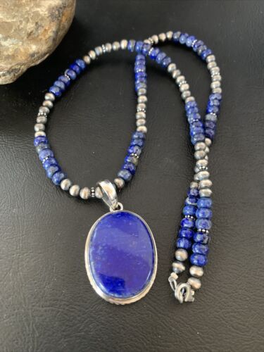 Native American Navajo Blue Lapis Pendant Necklace | Sterling Silver | Authentic Handmade | 11913 - Masha USA