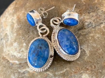 Navajo Denim Lapis Dangle Earrings | Sterling Silver | 1.1" | Authentic Native American Handmade | 1706
