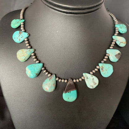 Navajo Pearls Blue Turquoise Teardrop Necklace | Sterling Silver | 20" | Authentic Native American Handmade | 13429