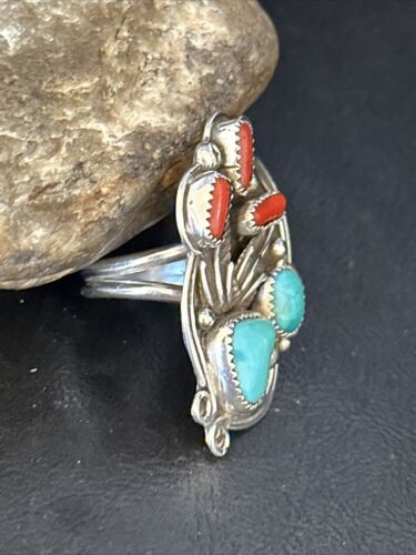Navajo Blue Kingman Turquoise Coral Ring | Authentic Native American Sterling Silver | Multi-Stone | Sz 9.5 | 14499