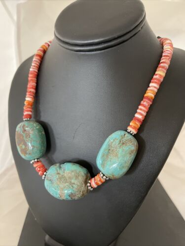 Chunky Turquoise Navajo Pearls | Sterling Silver | Red Spiny Oyster | 22" | Necklace 1239