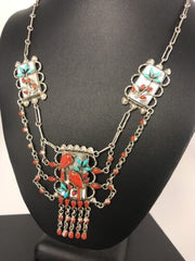 Zuni Turquoise Coral Necklace | Collectible Sterling Silver Pendant | Native American Handmade | 315