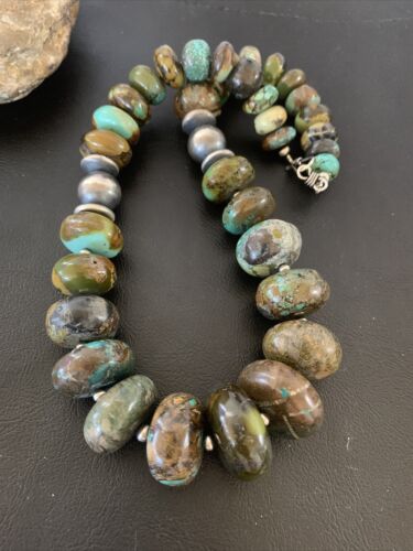 Navajo Pearl Jewelry | Graduated Sterling Silver Turquoise Necklace | Authentic Native American Handmade | 20" | 01753 - Masha USA