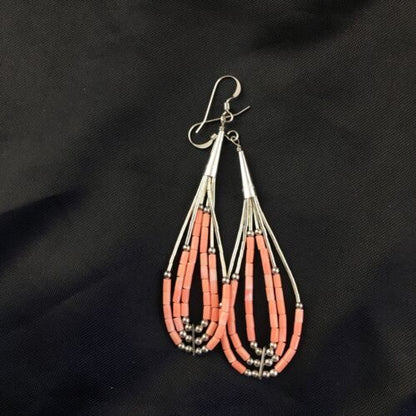 Handmade Liquid Silver Tube Bead Heishi Dangle Earrings | Pink Coral | Sterling Silver | 2.25" | 2025