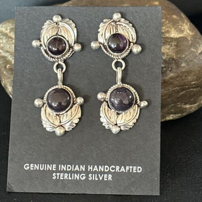 Navajo Purple Sugilite Post Dangle Earrings | Sterling Silver | Authentic Native American Handmade | 1597