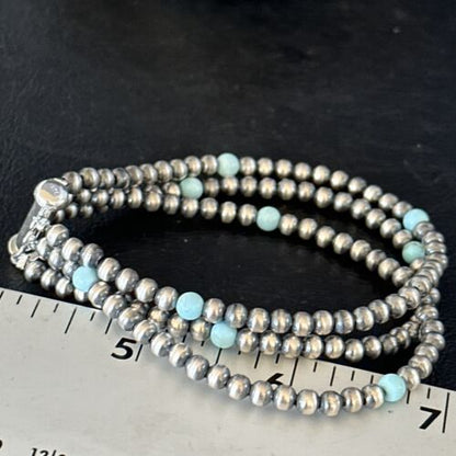 Navajo Pearls Blue Turquoise Bracelet | Sterling Silver | 3-Strand | Authentic Native American Handmade | 13588