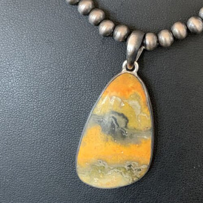 Navajo Yellow Bumblebee Jasper Pendant | Sterling Silver Necklace | Authentic Native American Handmade | 12811