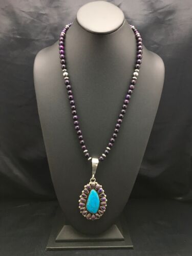 Navajo Purple Sugilite Turquoise Necklace | Sterling Silver | 23" | Authentic Native American Handmade  | 1001
