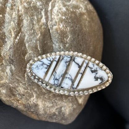 Navajo White Buffalo Turquoise Inlay Ring | Sterling Silver | Sz 8.5 | Authentic Native American Handmade | 14553