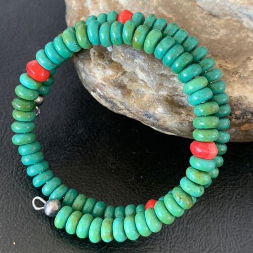 Navajo Coral Green Turquoise Bracelet | Stainless Steel Memory Wire | Authentic Native American Handmade | 13313