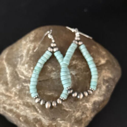 Navajo Blue Turquoise Heishi Dangle Earrings | Sterling Silver | 2" | Authentic Native American Handmade | 14363