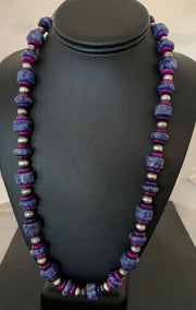 Men's Navajo Pearls Necklace | Denim Lapis Sugilite Beads | Sterling Silver | Authentic Native American Handmade | 20" | 736