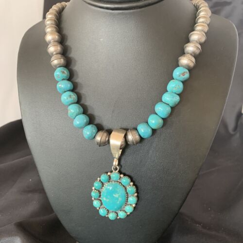 Navajo Blue Turquoise Cluster Pendant Necklace | Sterling Silver | Authentic Native American Handmade | 11884