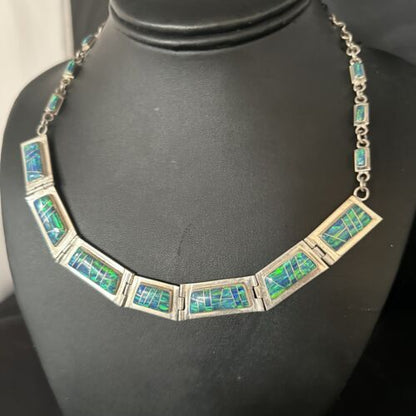 Native American Women's Blue Opal Navajo Necklace | Sterling Silver Inlay Pendant | 14649