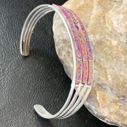 Native American Zuni Purple Opal Inlay Cuff Bracelet | Sterling Silver | 3 Row | 1642
