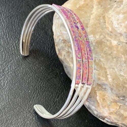 Native American Zuni Purple Opal Inlay Cuff Bracelet | Sterling Silver | 3 Row | 1643
