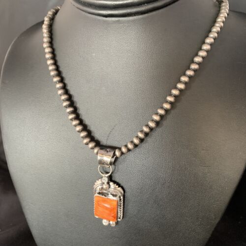 Navajo Orange Spiny Oyster Pendant | Sterling Silver | Authentic Native American Handmade | 13640