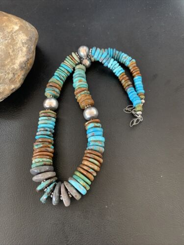 Navajo Blue Green Turquoise Necklace | Sterling Silver | Authentic Native American | 20" | 12910 | Graduated