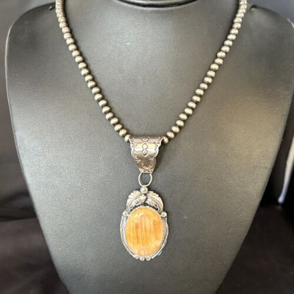 Navajo Pearls Orange Spiny Oyster Necklace Pendant | Sterling Silver | Authentic Native American Handmade | 14719