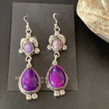 Navajo Purple Sugilite Dangle Earrings | Sterling Silver | 2" | Authentic Native American Handmade | 12881