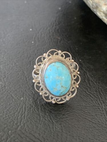Southwestern Old Pawn Navajo Blue Turquoise Ring | Sterling Silver | Sz 5 | Authentic Native American Handmade | 10781