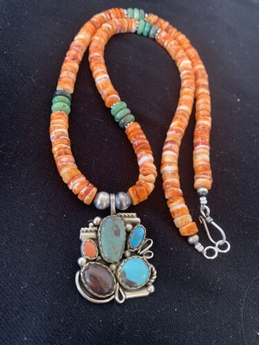 Navajo Green Turquoise and Spiny Bead Pendant Necklace | Sterling Silver | Authentic Native American Handmade | 00575