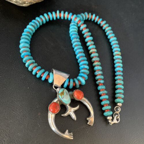 Navajo Sterling Silver Necklace | Blue Turquoise & Coral Naja Pendant | Authentic Native American Handmade | 13748
