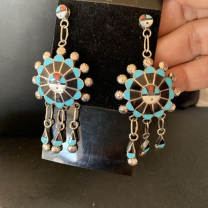 Zuni Sun Face Dangle Earrings | Kingman Turquoise & Black Onyx | Sterling Silver | 12127