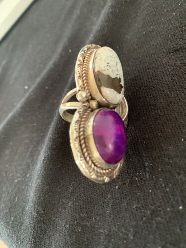 Navajo White Buffalo Turquoise & Sugilite Ring | Authentic Native American Sterling Silver | Multi-Stone | Sz 9.5 | 00309