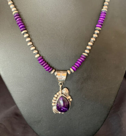 Navajo Pearls Purple Sugilite Necklace Pendant | Sterling Silver | Authentic Native American Handmade | 10720