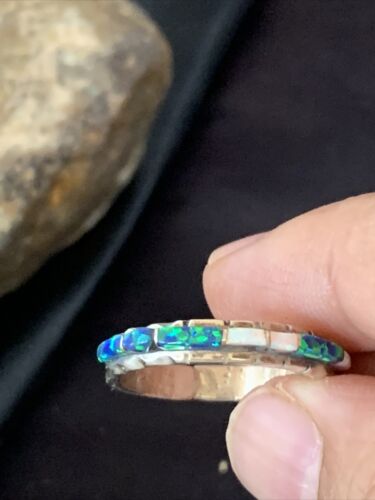 Navajo White Blue Opal Inlay Ring | Sterling Silver | Sz 8.5 | Authentic Native American Handmade | Yazzie | 10620