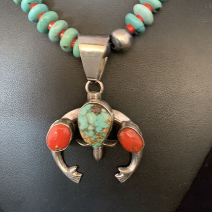 Navajo Sterling Silver Necklace | Blue Turquoise & Coral Naja Pendant | Authentic Native American Handmade | 13744