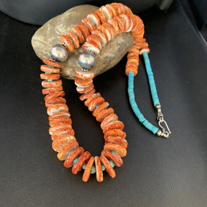 Orange Spiny Oyster & Blue Turquoise Graduated Necklace | Sterling Silver | Authentic Native American | 28" | 13713
