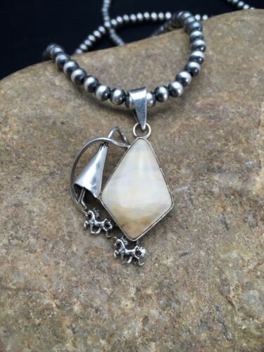 Navajo White Stone Necklace and Pendant Set | Sterling Silver | Authentic Native American Handmade | 2" | 2782